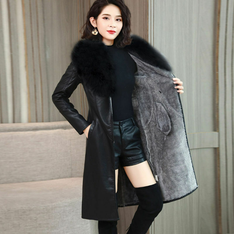 PU Leather Fur Collar Winter Coat Women Solid Adjustable Waist Mid-Length Slim Jacket 2023 New Fashion Lady Casual Warm Outwear