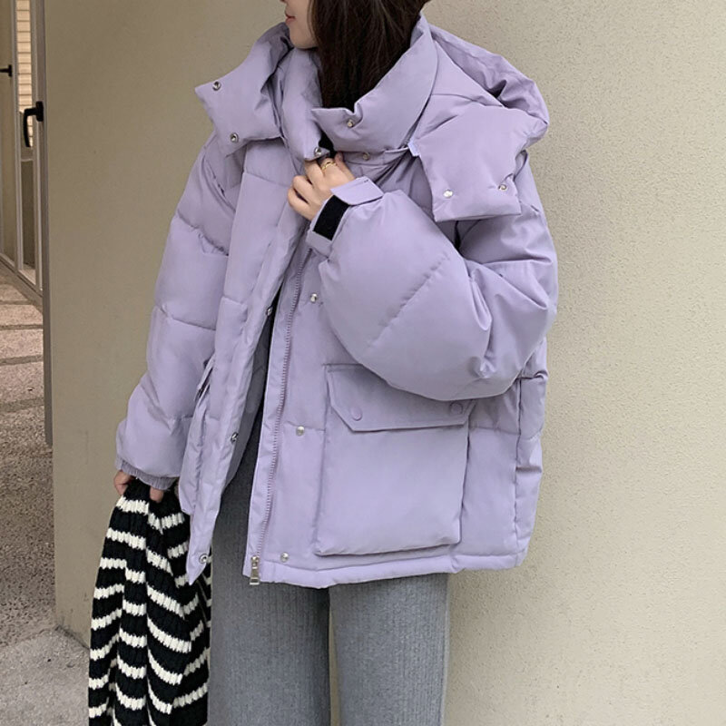 Zimowe modne uliczne grube bufiaste kurtki damskie na suwak długa kurtka puchowa kobiety koreańskie luźne luźne płaszcze z kapturem dla kobiet