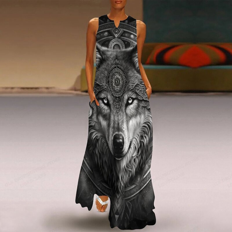 Nadruk z wilkiem sukienka kobiety moda impreza suknie wieczorowe Maxi długa sukienka zwierzęce szaty na co dzień luźne przedsionki damskie sukienki luksus