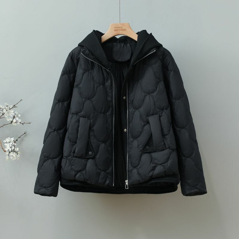 Mantel bulu angsa wanita, jaket mantel longgar mode dua potong palsu rajutan pendek kombinasi baru musim gugur/musim dingin
