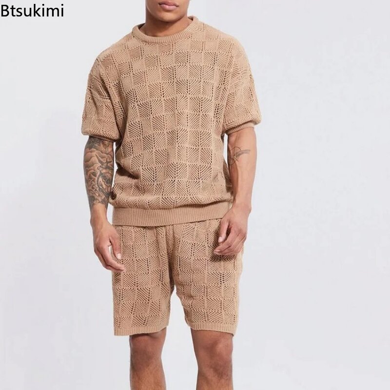 2024 Men's Summer Casual Sets Knitted Solid Hollow Out Loose Two Piece Shorts Sets Men T Shirt Tops And Short Sets Man Clothing