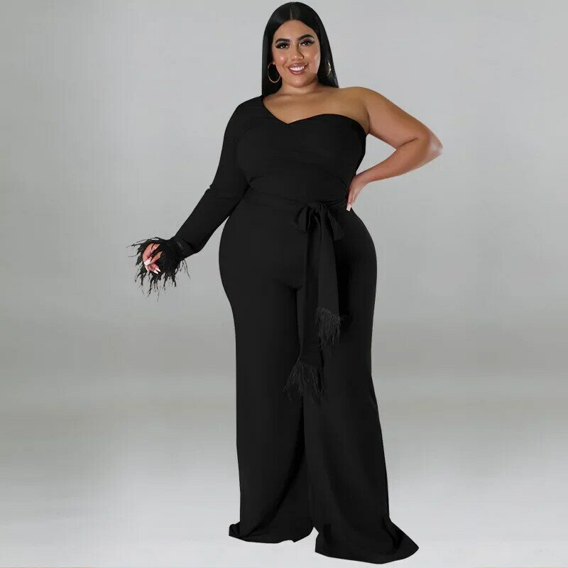 WUHE Vintage Feather Hem One Sleeve Skew Neck with Sashes High Waist Jumpsuit Plus Size Women Curve Female Straight Romper