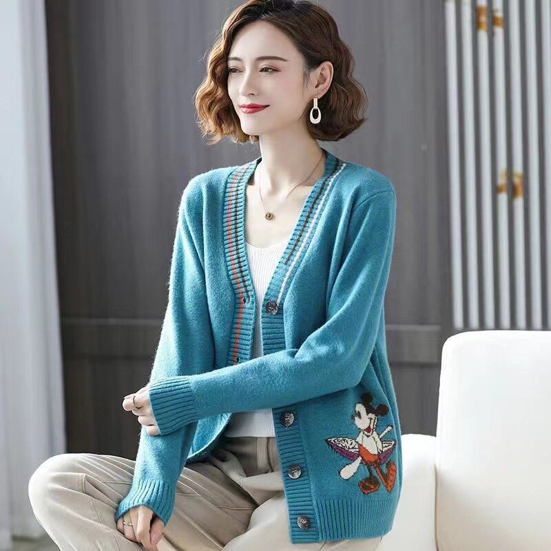 Disney Knitted Cardigan Japanese Donald Cartoon Sweaters for Women Coat Female Autumn and Winter Loose Wild Thicken Kawaii Tops