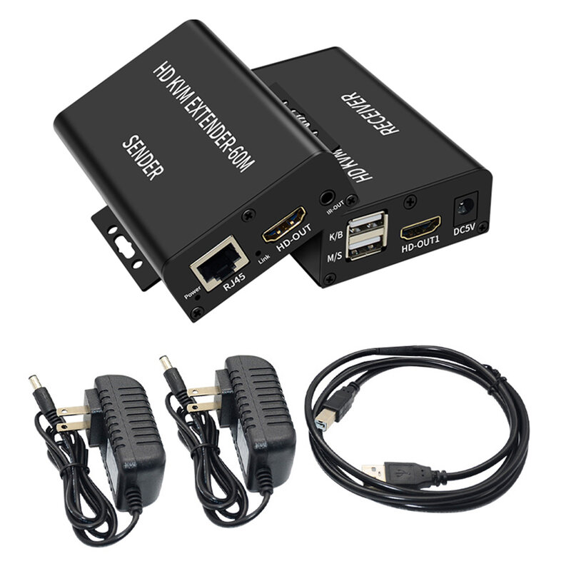 Kabel Ethernet Extender 60m HDMI KVM, penerima pemancar Video 1080P kabel Rj45 Cat5e Cat6 dengan dukungan Loop USB Keyboard Mouse