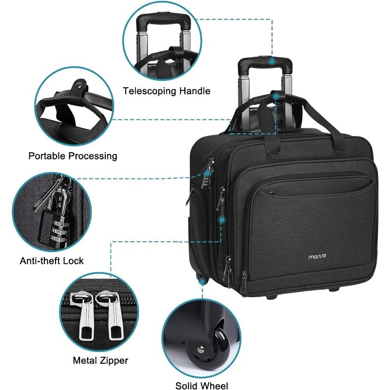 15.6 Lock,Expandable Overnight Rolling Laptop Briefcase on 2 Wheels with Belt for Work Travel Business,Black