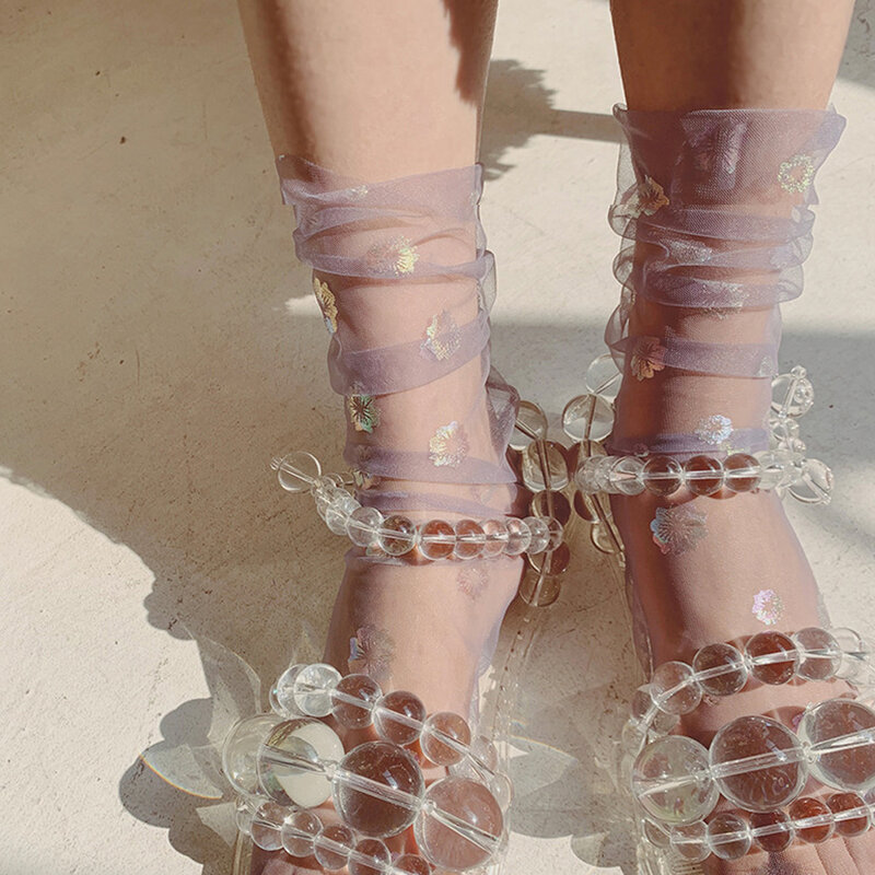Ultra-thin Streetwear Female Fashion Flower Chiffon Nylon Mesh Socks Hosiery Tulle Socks