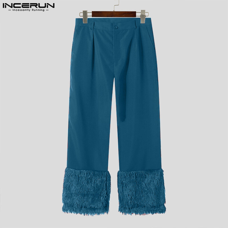 INCERUN-Pantalones rectos de felpa para hombre, ropa de calle informal, holgada, con botones, a la moda, con personalidad, S-5XL, 2024