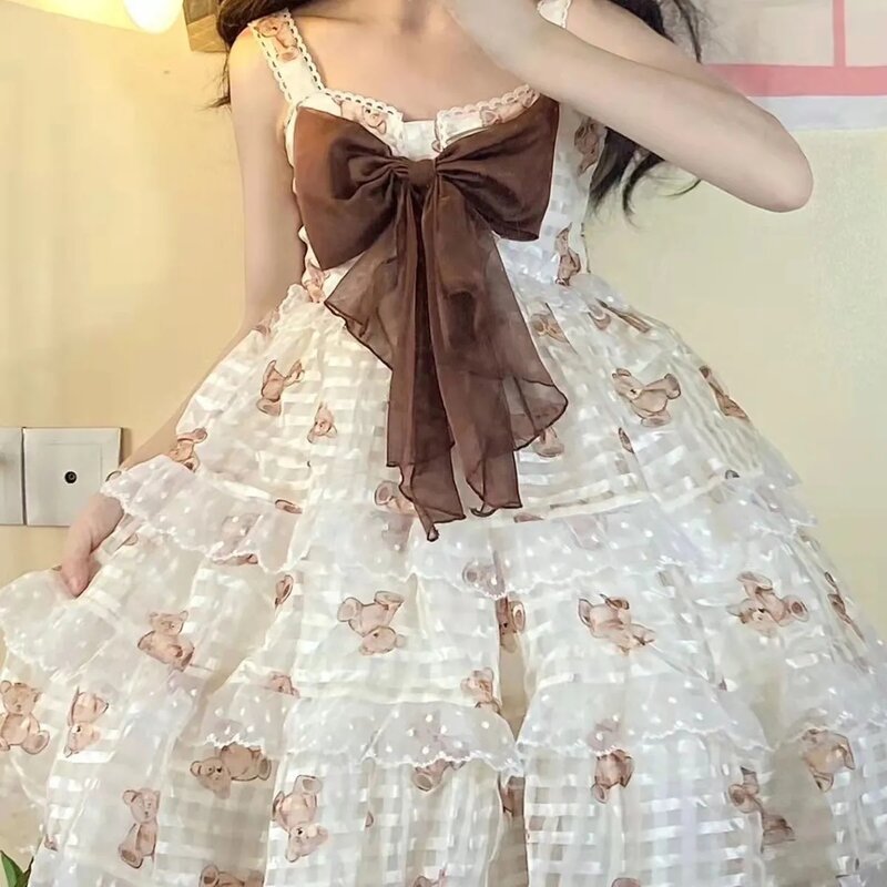 Plus Size 4XL 130kg Summer Lolita Chiffon Dress Women Sleeveless Bear Print Ladies Party Sweet Female Clothing Vestidos