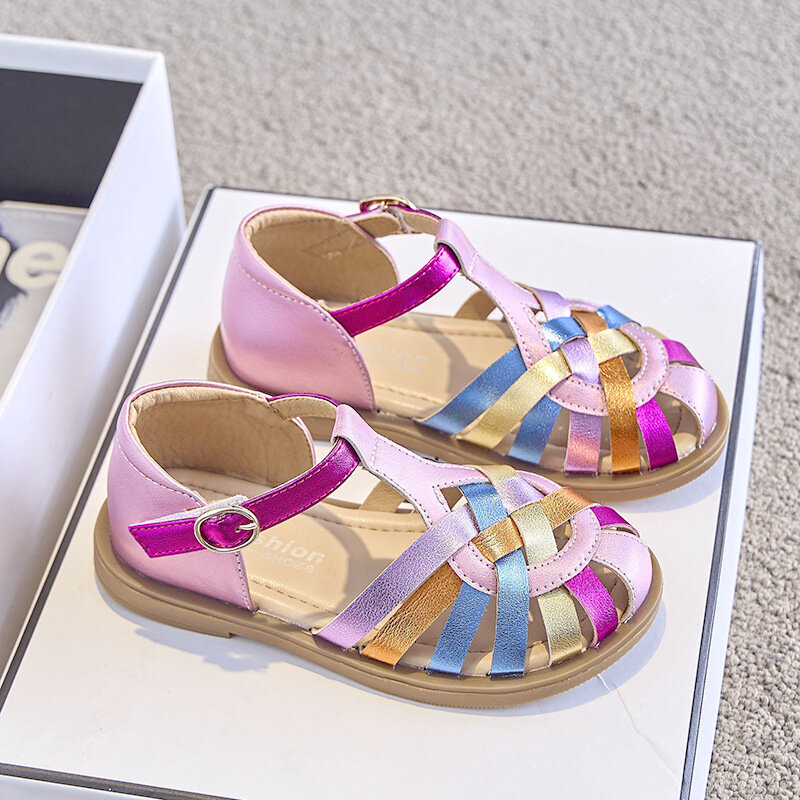 Сандалии для девочек, летние модные брендовые классические туфли принцессы в римском стиле, детские пляжные туфли на плоской подошве с цветной мягкой подошвой
