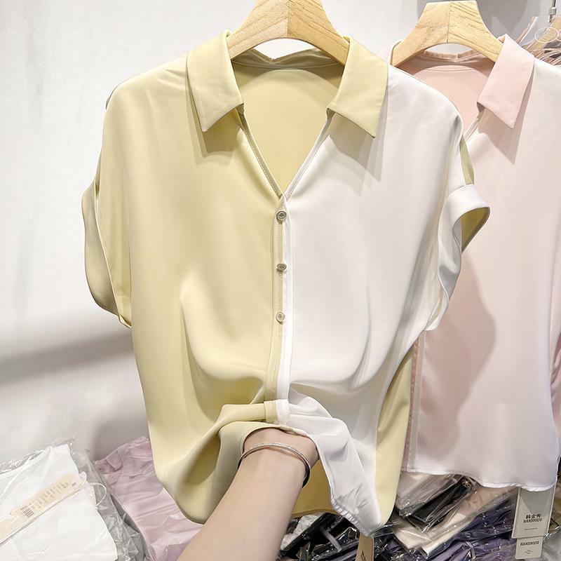 Camisa holgada de manga corta con cuello en V para verano, camisa de retazos con diseño personalizado, Color contrastante, sencilla y a la moda, novedad de 2024