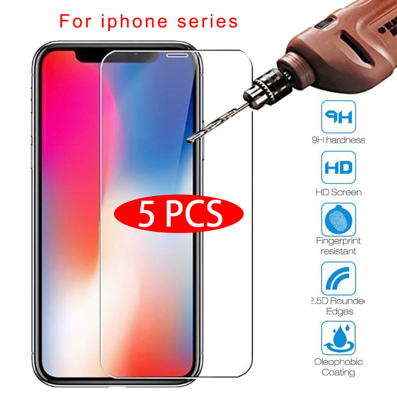 5PCS/Lot  Protective Tempered Glass for Iphone 15 14 Plus 13 11 12 Pro Max Glass for IP X XS XR 7 8 Plus Screen Protector Glass
