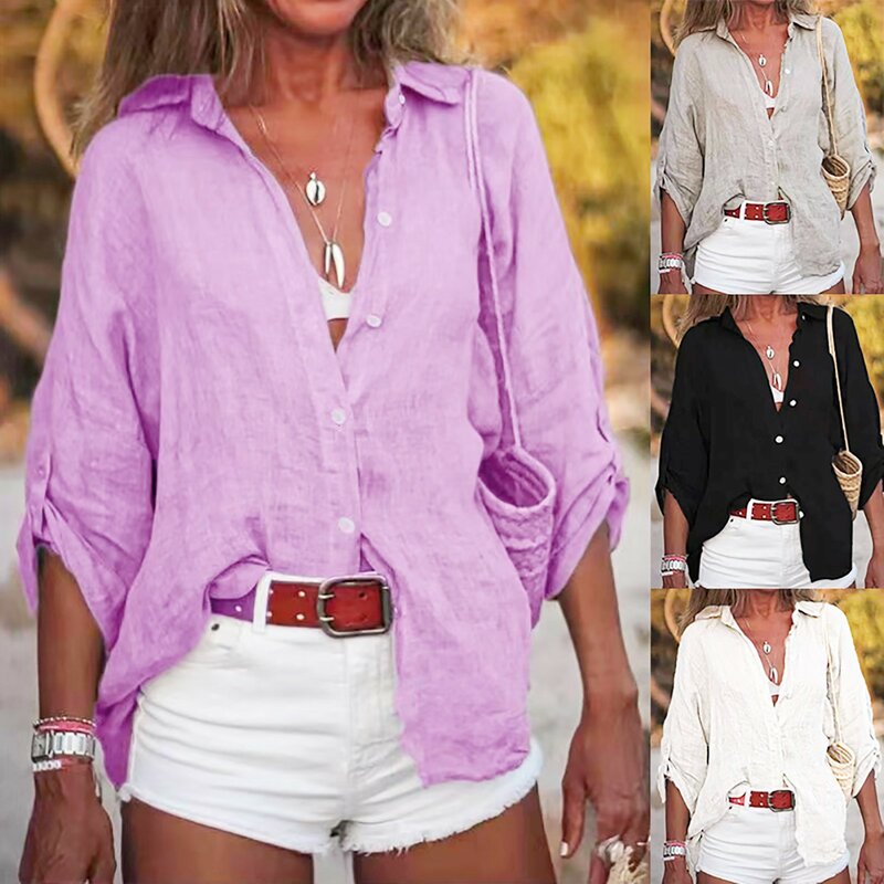 Koszule damskie bawełniane lniane klapy jednolity kolor Casual krótki rękaw guziki kardigan Vintage Streetwear biurowe topy bluzka ubrania