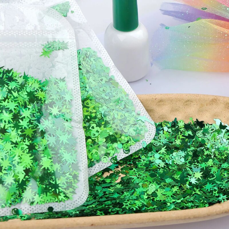 여름 봄 녹색 모양 반짝이 네잎 장식 조각 레이저 조각, DIY 매니큐어 홀로그램 반짝이 네일 아트 액세서리, 10 그램/가방