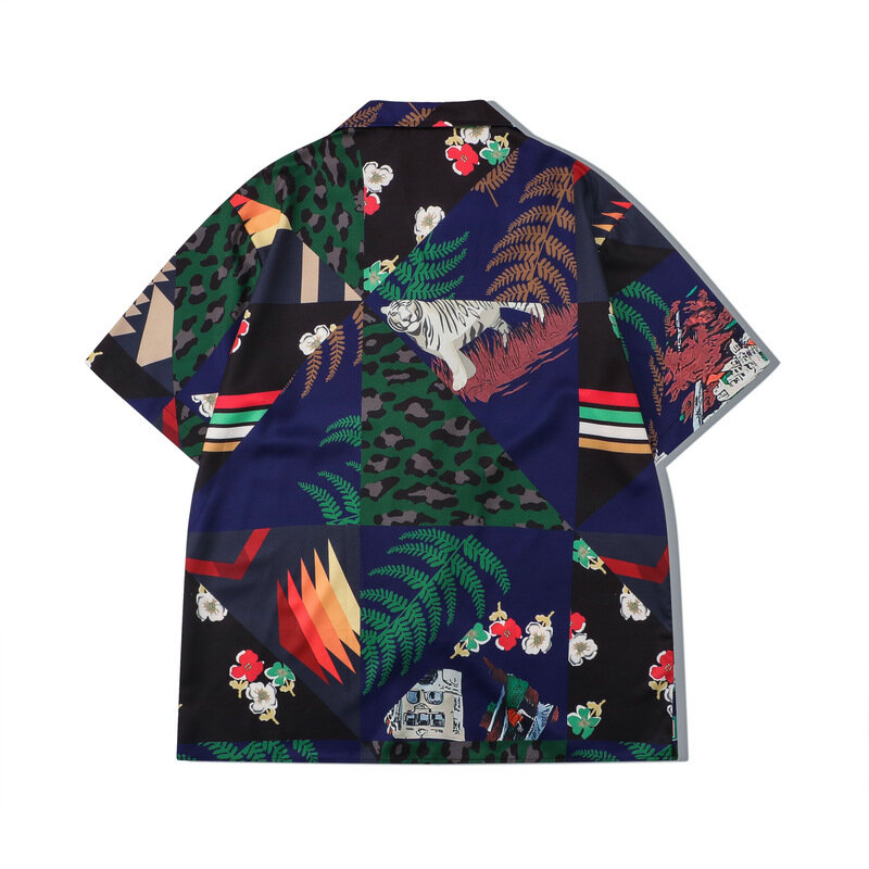 Strój na lato męska koszula hawajska z krótkim rękawem z nadrukiem tropikalne rośliny Casual w całości zapinana na guziki koszula Aloha wakacje dwuczęściowy zestaw