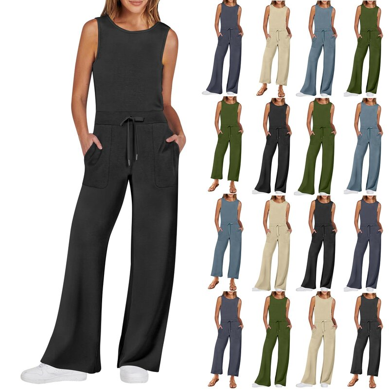 Women'S Straight Jumpsuit Casual Simple Solid Versatile Sleeveless Daily Commuting Matching Jumpsuit Drawstring Waist Rompers