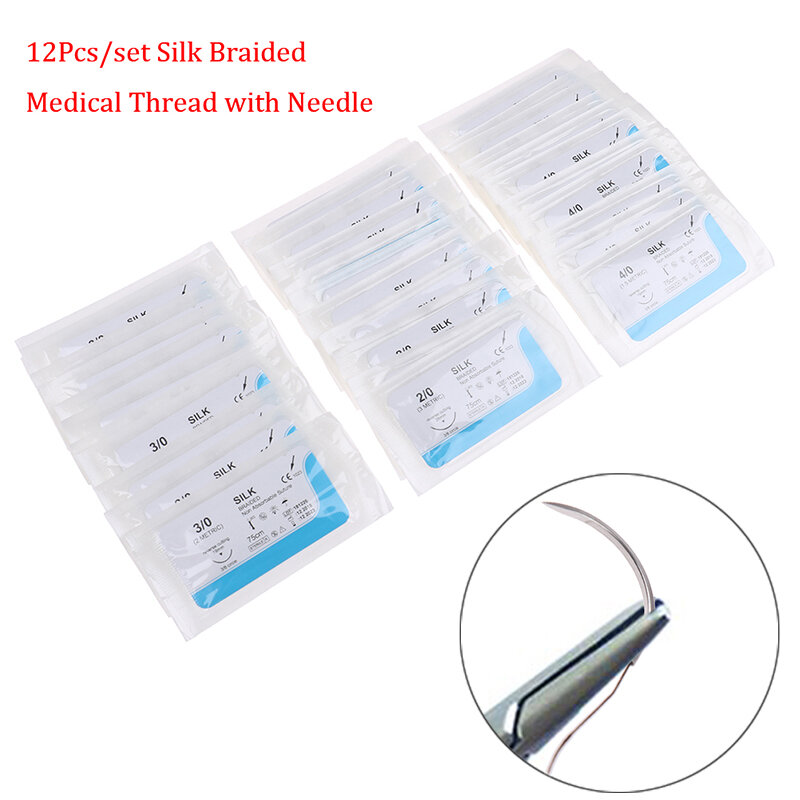12Pcs 75cm 2/0 3/0 4/0 Dental Surgical Needle Silk Medical Thread  Suture Surgical Practice Kit