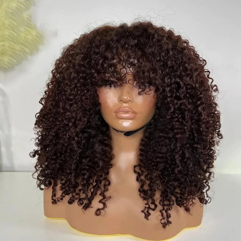 180Density 26 Long Machine Brown Kinky Curly With Bangs For Women Babyhair Preplucked Heat Resistant Glueless Daily Wig
