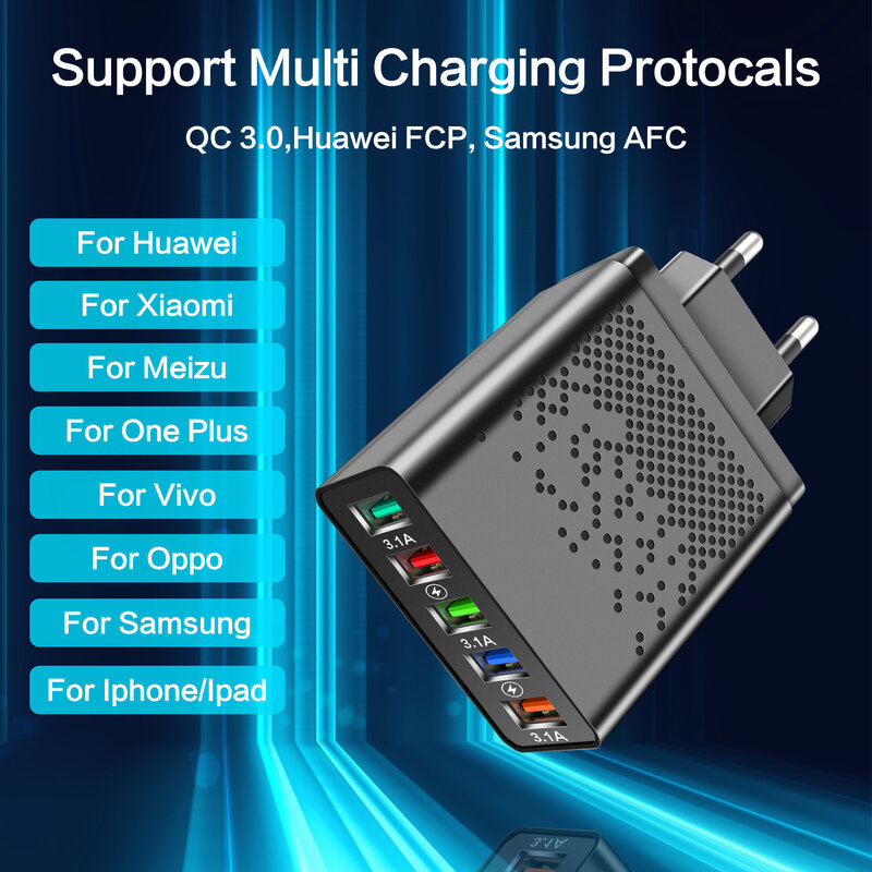 60W 5พอร์ต USB Charger Fast ชาร์จ Quick Charge 3.0ชาร์จโทรศัพท์มือถือ Adapter สำหรับ Samsung Xiaomi Iphone เครื่องชาร์จ QC 3.0