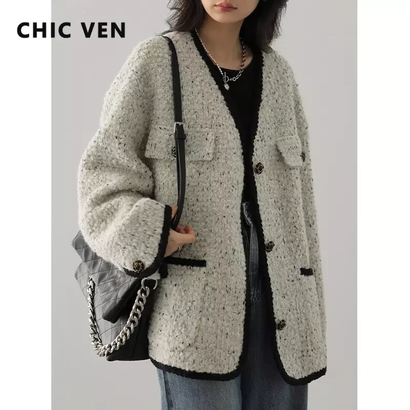 CHIC VEN Fashion cappotto di lana da donna monopetto giacca Vintage con scollo a v Office Lady soprabito donna top primavera autunno 2023