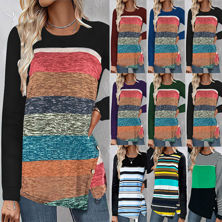 여성용 캐주얼 라운드넥 밑단, 불규칙한 색상 차단 줄무늬, 단추 긴팔 티셔츠, 보터밍 셔츠, 가을 및 겨울 신상