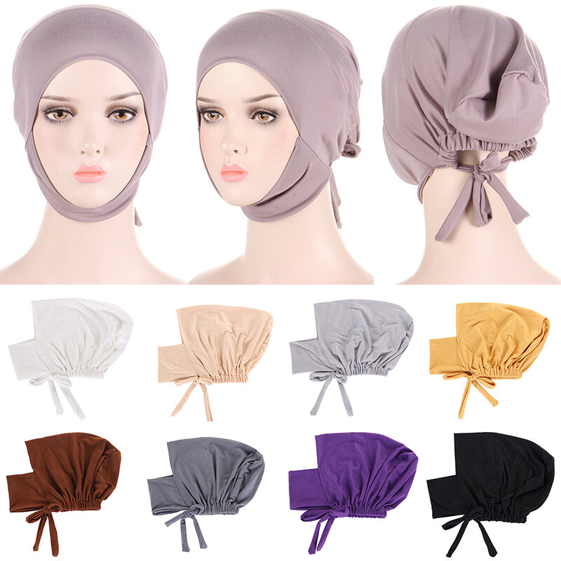 นุ่มมุสลิม Hijabs สำหรับผู้หญิง Elastic Tie กลับด้านในหมวก Hijab ยืดอิสลาม Underscarf Bonnet อินเดียหมวก Headwrap Turbante Mujer