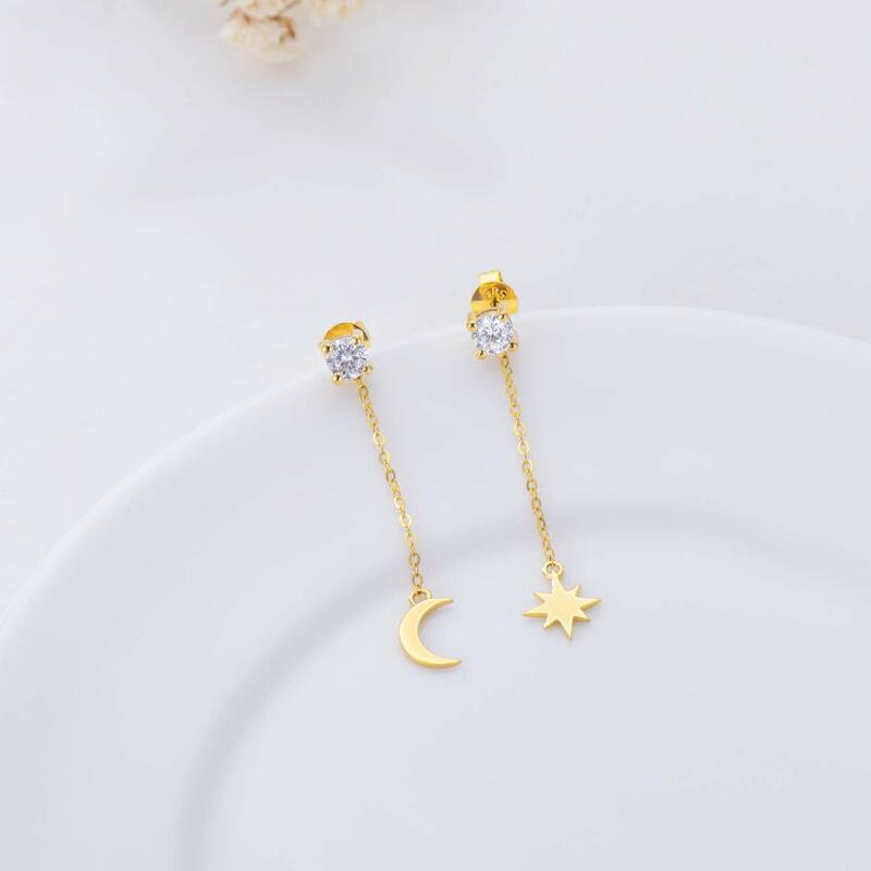 YFN 14k Gold Mond und North Star Ohrringe Reales Gold Zirkonia Stud Tropfen Ohrring für Frauen Baumeln
