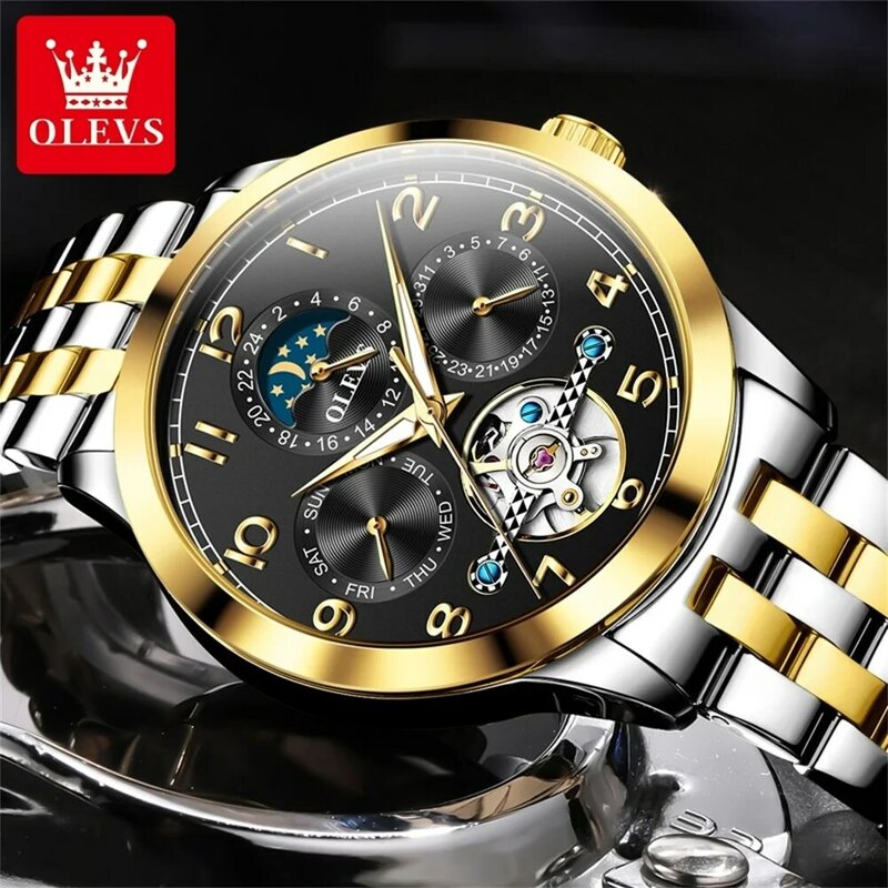 OLEVS Top Luxury Men's Watches Waterproof Luminous Fully Automatic Mechanical Watch Moon Phase Stainless Steel Strap Original