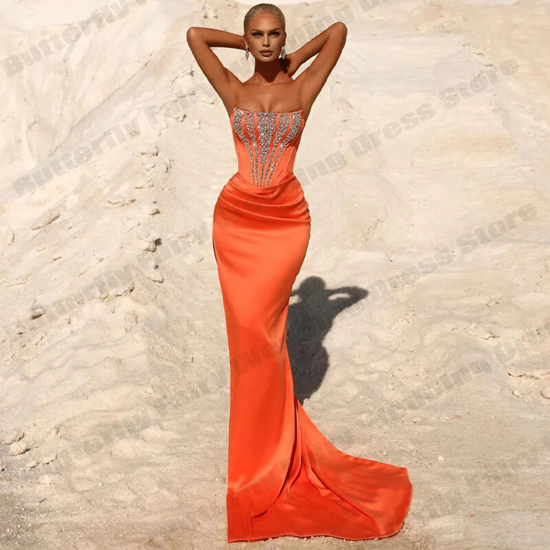 女性のためのオレンジ色のエレガントなサテンのイブニングドレス,プリーツのレースのビーズ,プリンセス,フォーマルな服