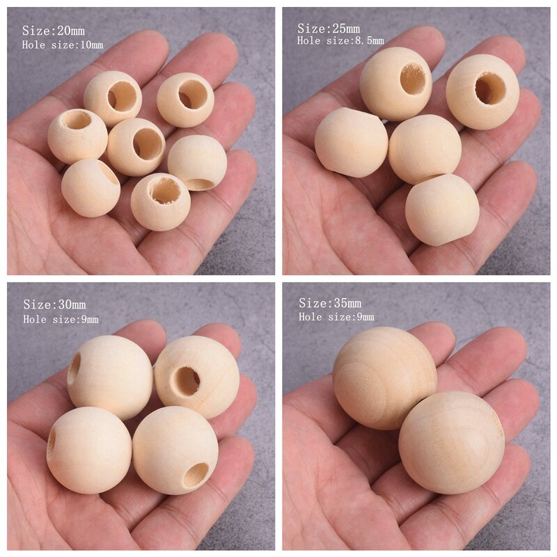 Round Natural Wood  Loose Big Hole Beads 8mm 10mm 12mm 15mm 20mm 25mm 30mm 40mm 50mm For DIY Crafts Woodcraft Jewelry Making