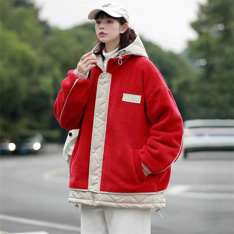 Lamb Cashmere Cotton Jacket for Men and Women, Autumn Winter Hooded Loose Patchwork, Contrasting Color Trendy Student Coat