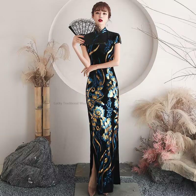 Abito cinese velluto paillettes fiore Cheongsam donna Slim velluto Qipao elegante abito da sera manica corta Vestido Dress