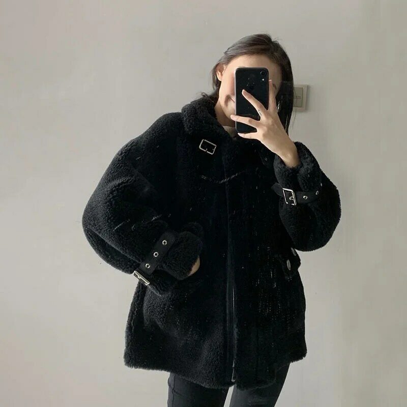 2022 한국 버전 얇은 양털 과립 양털 모피, 겨울 양 전단, 스티칭 모피, 긴 소매 재킷, 여성 1 개