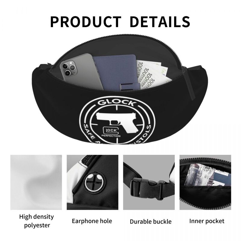Tas pinggang Glock Kasual Pria Wanita, tas pinggang selempang Logo Pistol Pistol berkemah, kantung uang ponsel untuk bersepeda