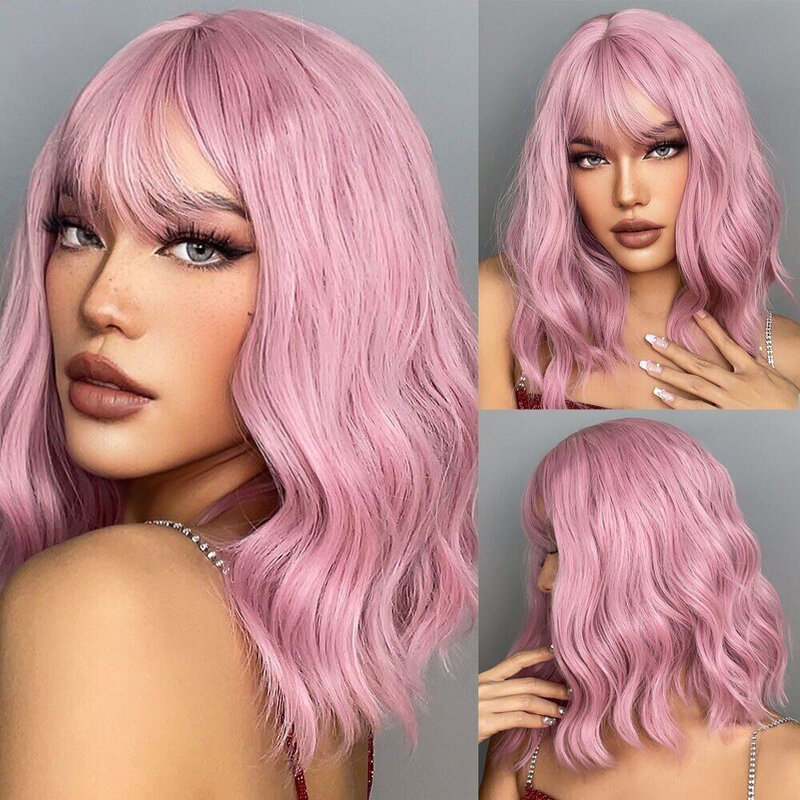 Short Wavy Synthetic  with Bangs Natural Pink Bob Wig for Black Women Lolita