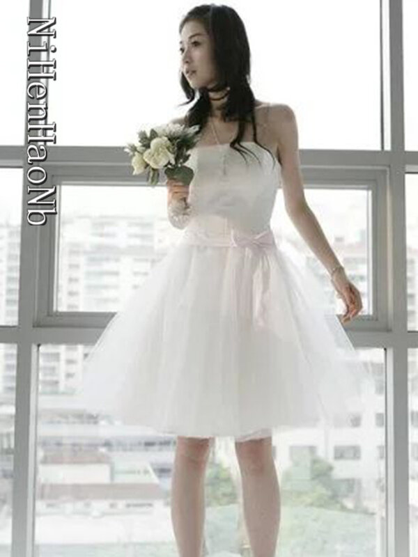 Nieuwe Lente Witte Korte Trouwjurken Lace Up Back Vestidos Prinses Bruid Toga Prom Dress