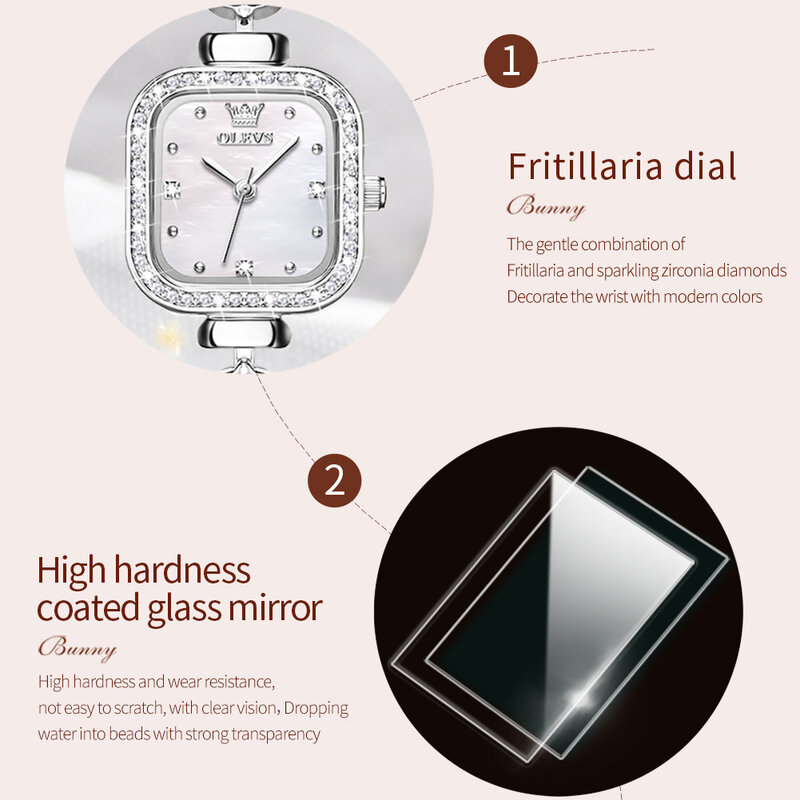OLEVS jam tangan wanita, gelang perak kotak Stainless Steel tahan air berlian kristal kuarsa