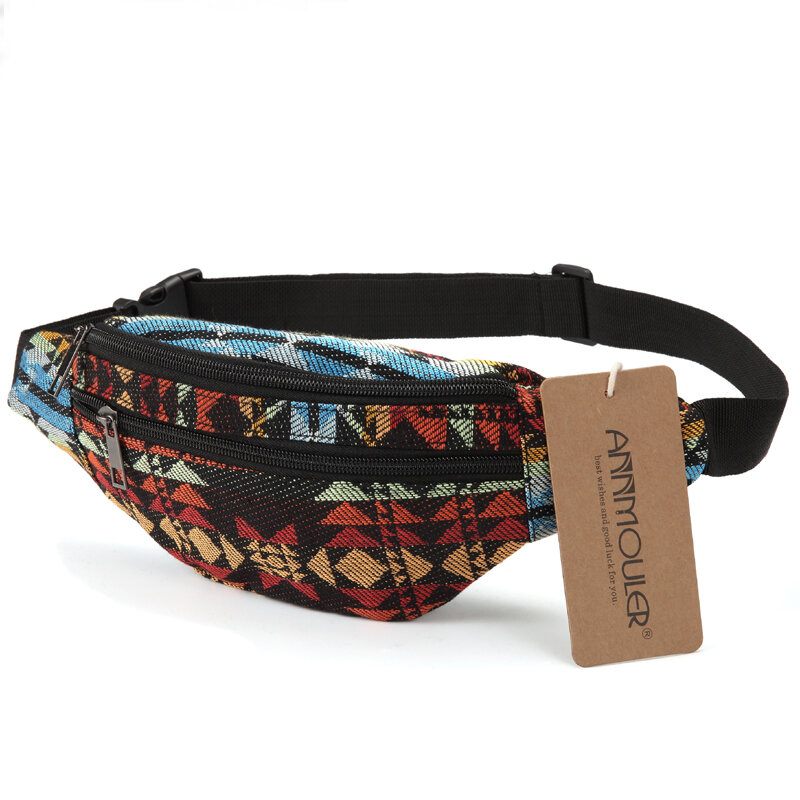 WR New Design Fanny Pack Bohemian Style Women Waist Bag Double Zipper Belt Pouch Travel Phone Bag with 6 Colors
