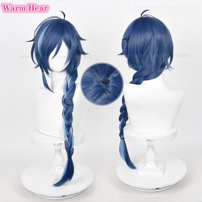 Kaeya-Peluca de Cosplay de fibra resistente al calor, peluca larga de Anime con pendiente, azul oscuro, 85cm/80cm, 2 estilos
