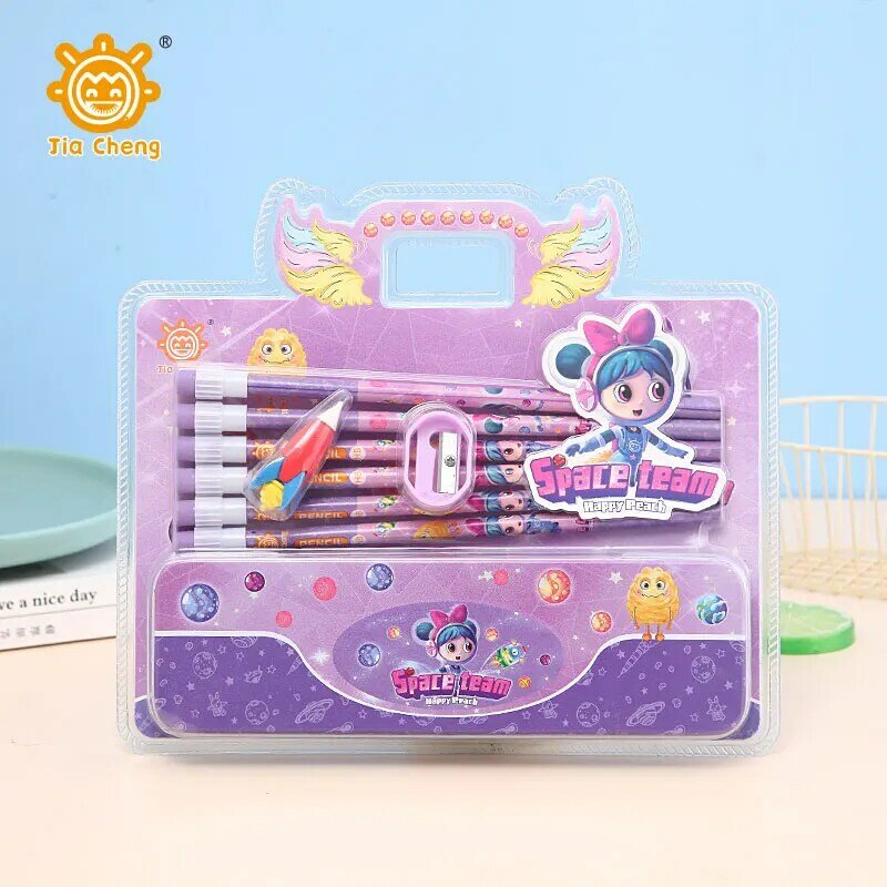 Bleistift-Briefpapier-Set für Kinder-Cartoon-Bleistift-Briefpapier-Set mit 1 Bleistift box, 6 Stiften, 1 Gummi und 1 Bleistift greifer