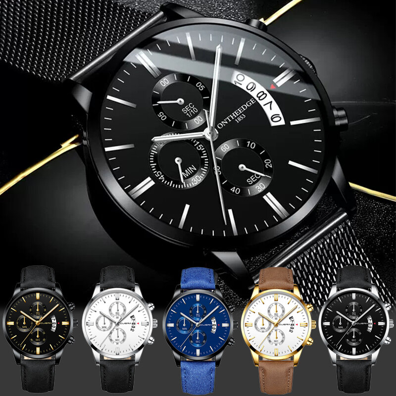 Mannen Roestvrij Staal Case Lederen Band Horloge Quartz Zaken Horloge Mannelijke Luxe Militaire Horloges Kalender Mannelijke Klok Horloge