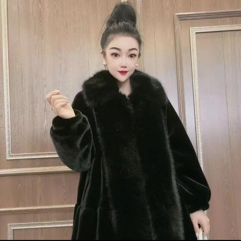 여성용 모피 라펠, 부드럽고 편안한 모피 코트, 따뜻하고 슬림한 라운드 넥, 젊은 대형 모피 칼라, 분위기 있는 미디, 겨울 신상