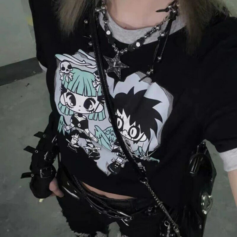 Deeptown Kawaii Harajuku magliette donna Cutecore Cartoon stile giapponese Tees Streetwear Y2K Punk estetica Casual Gothic Tshirt
