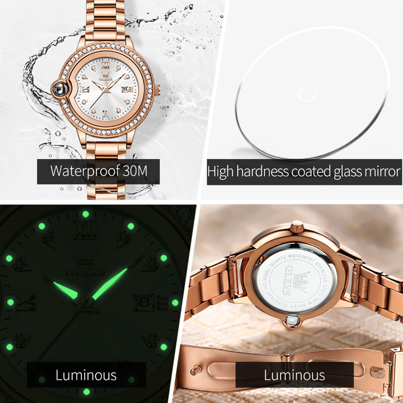 OLEVS Brand Luxury Diamond Quartz Watch for Women Stainless Steel Rose Gold Strap Waterproof Watches Women Fashion Wristwatches