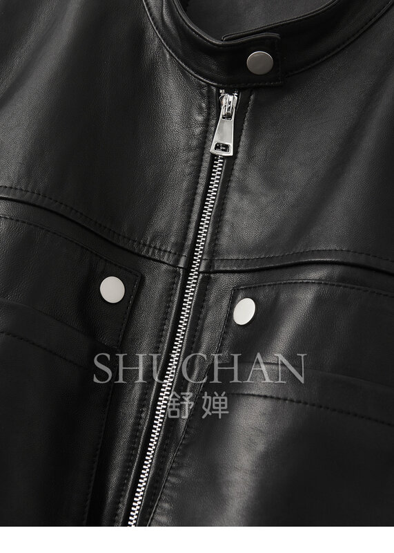 SHUCHAN-Chaqueta de piel auténtica para mujer, chaqueta de piel de oveja con cremallera, cuello alto, primavera y verano, 2024