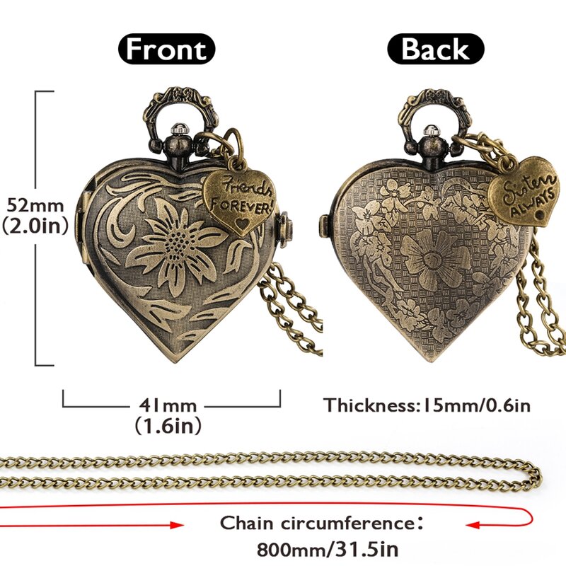 Orologio da tasca al quarzo a forma di cuore in bronzo vecchio stile con catena di collana da 80cm con accessorio a cuore