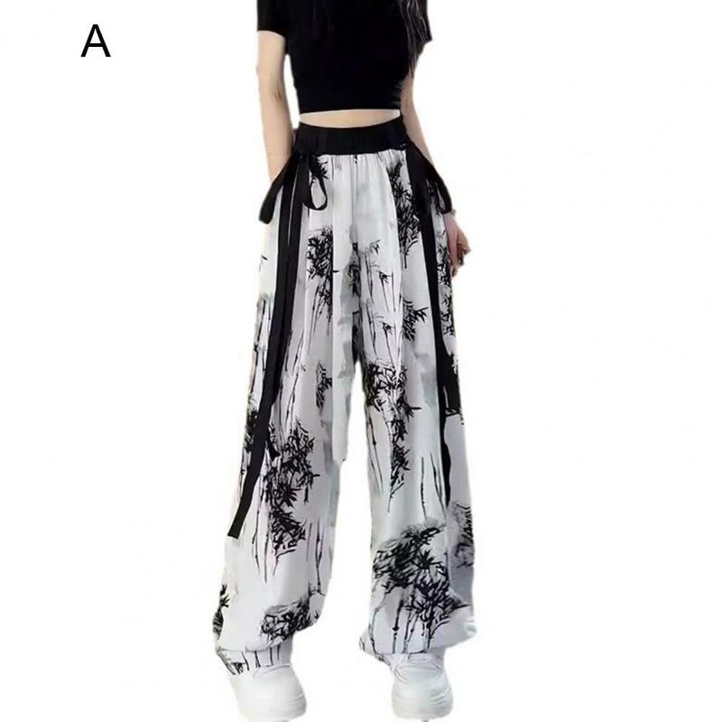 Druk atramentowy spodnie z szerokimi nogawkami w stylu chińskim bambusowa tkanina z nadrukiem spodnie szyfonowe z dekoracją streamerową damski letnie spodnie z szerokimi nogawkami