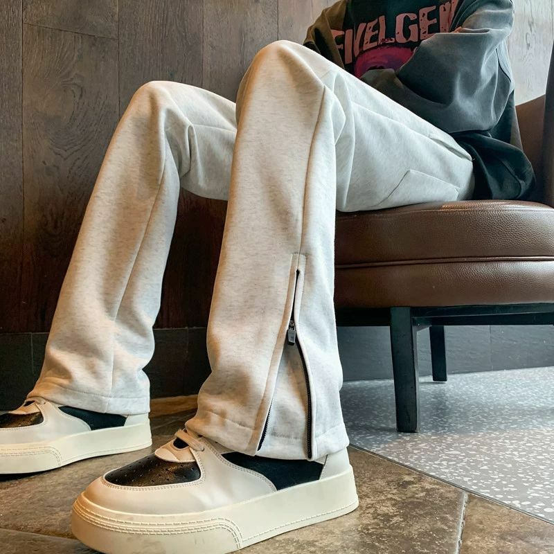 Новинка 2024, черные спортивные штаны Forking с эластичным поясом, мужские весенние прямые однотонные брюки в американском стиле на молнии в стиле High Street