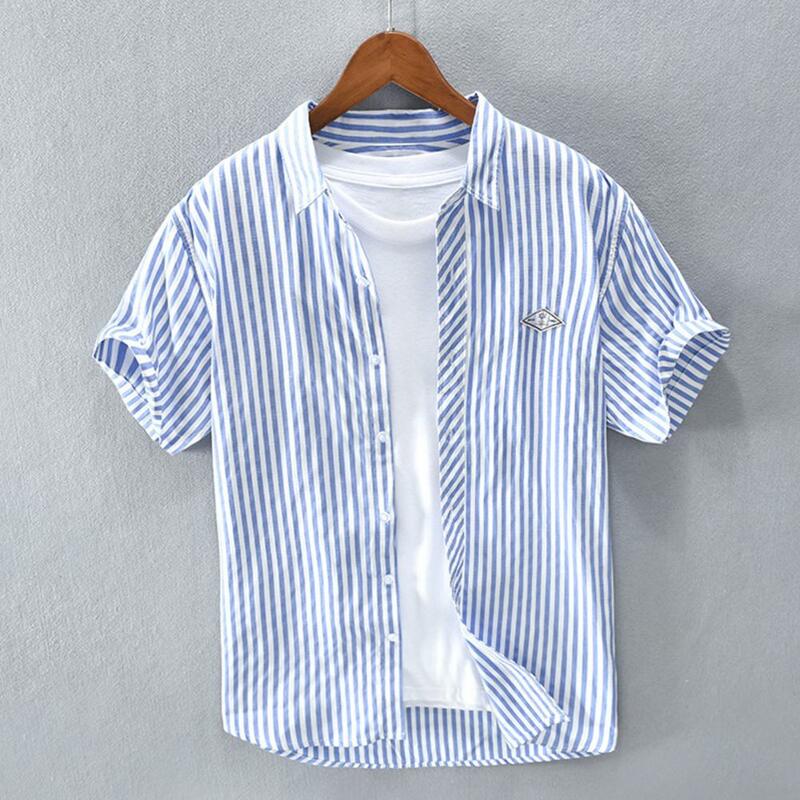 Summer Men Dress Shirt Lapel Short Sleeves Single-breasted Mid Length Loose Buttons Cardigan Formal Business Commute Beach Top