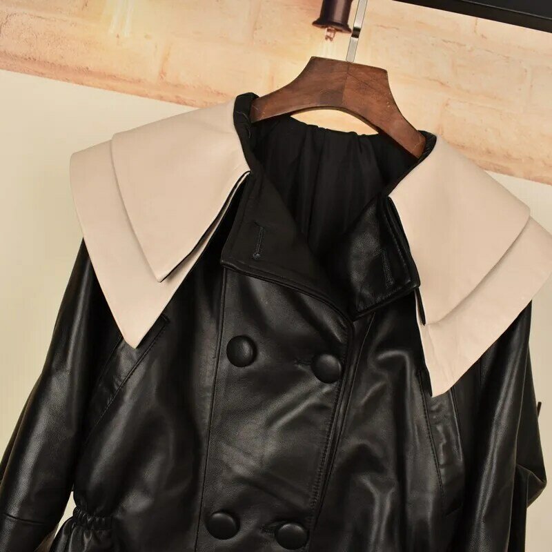 2023Sweet Ladies Lapel Collar Batwing Sleeve Genuine Leather Jacket Women Double Breasted Elastic Waist Coat Slim Sheepskin Jack