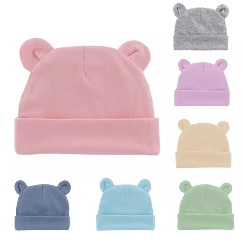 Monocromático Ear Shape Cotton Hat para bebê recém-nascido, boné confortável, adereços fotografia, itens bonitos, Bonnet infantil, outono e inverno, 0-1
